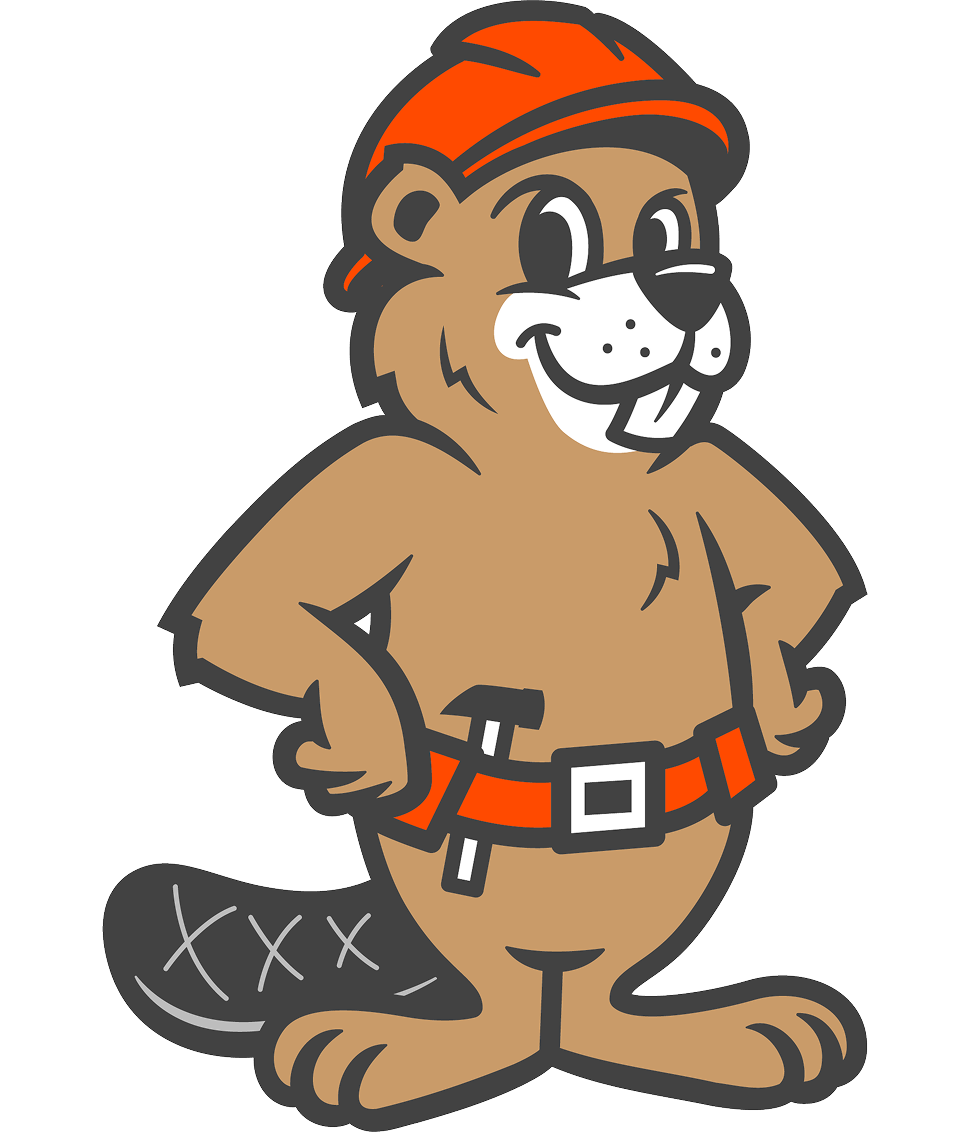 Construction beaver character with red helmet.