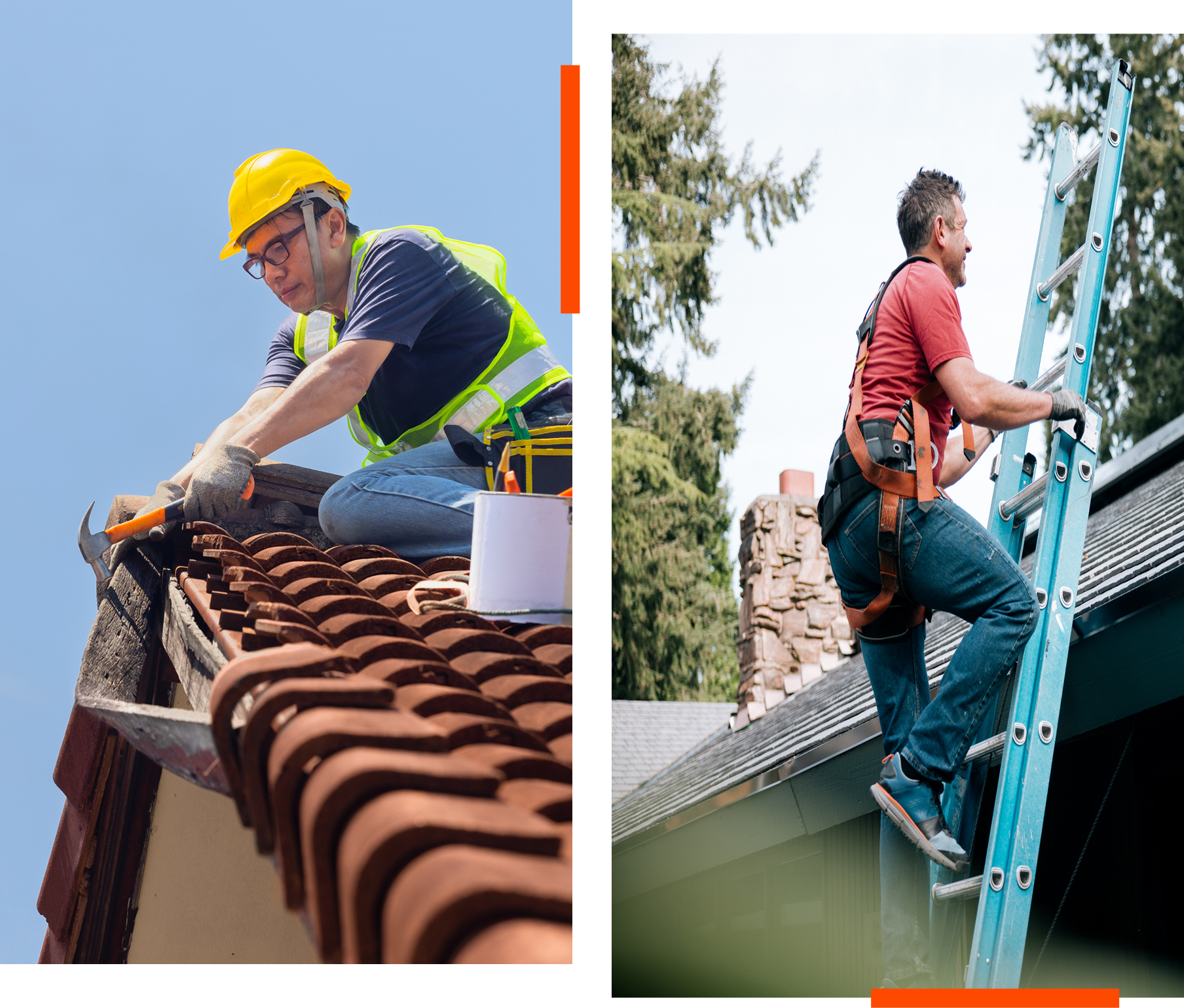 Construction workers fixing house rooftops