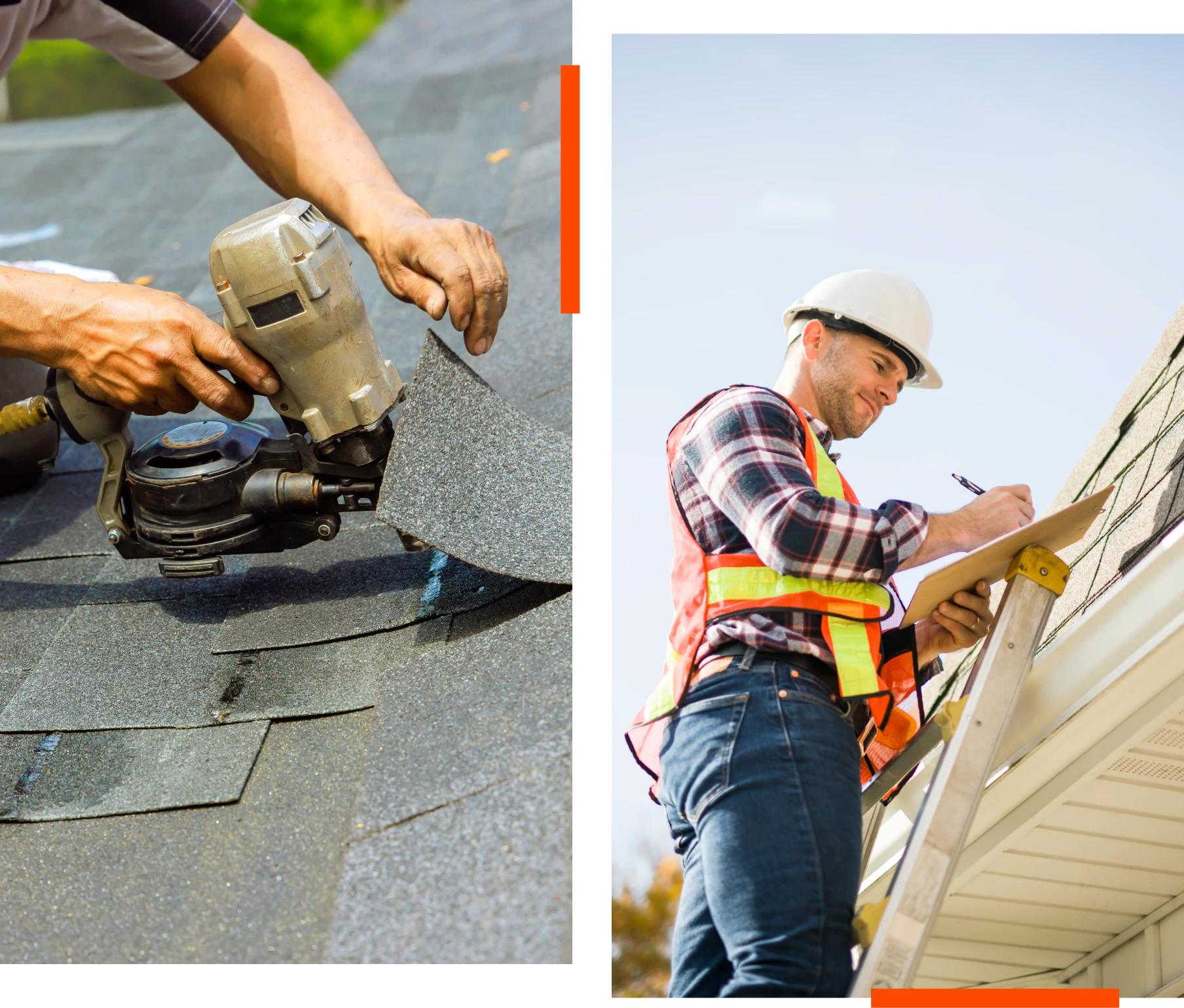 Roofer taking notes on ladder
