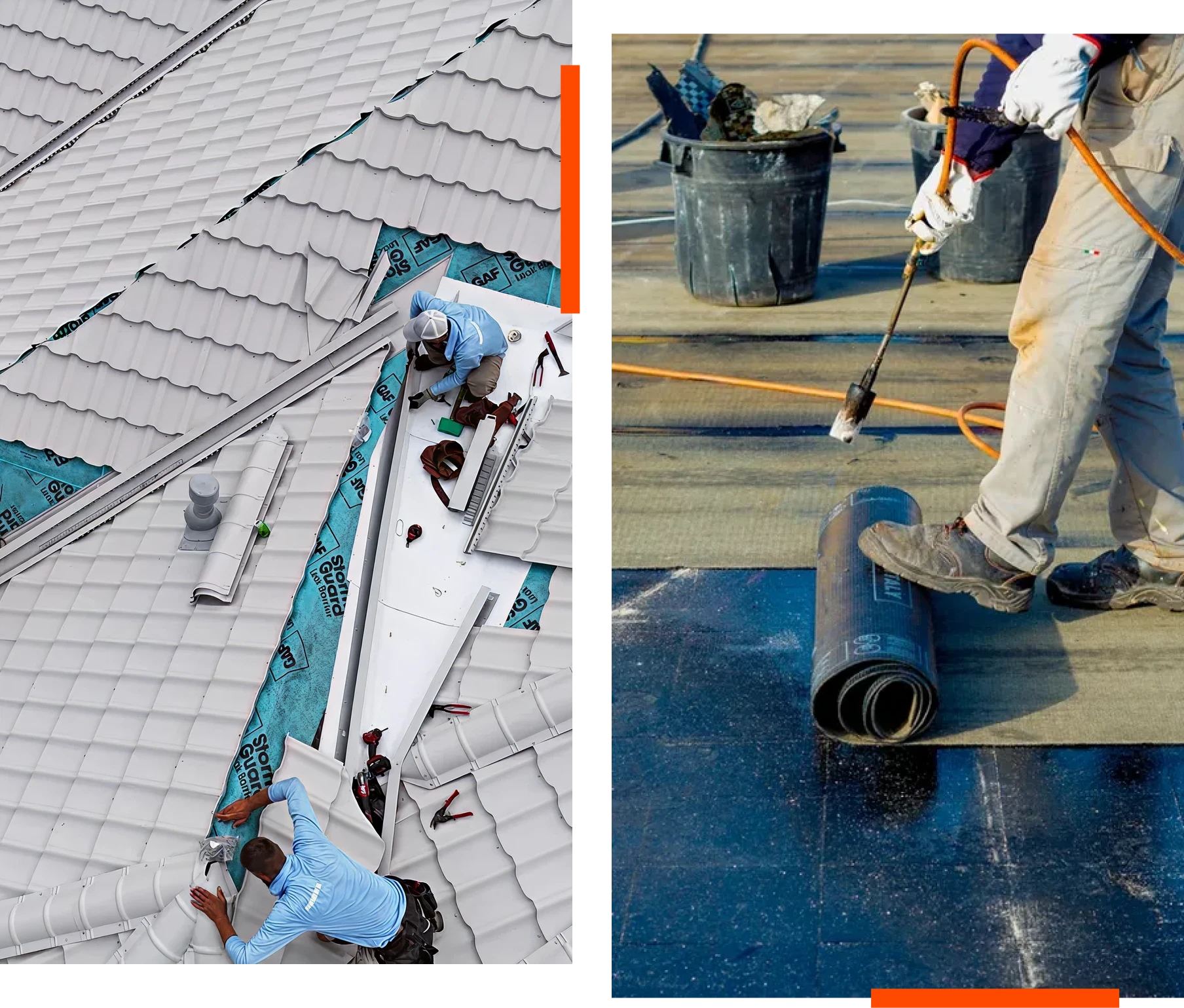 Construction workers repairing roof surfaces